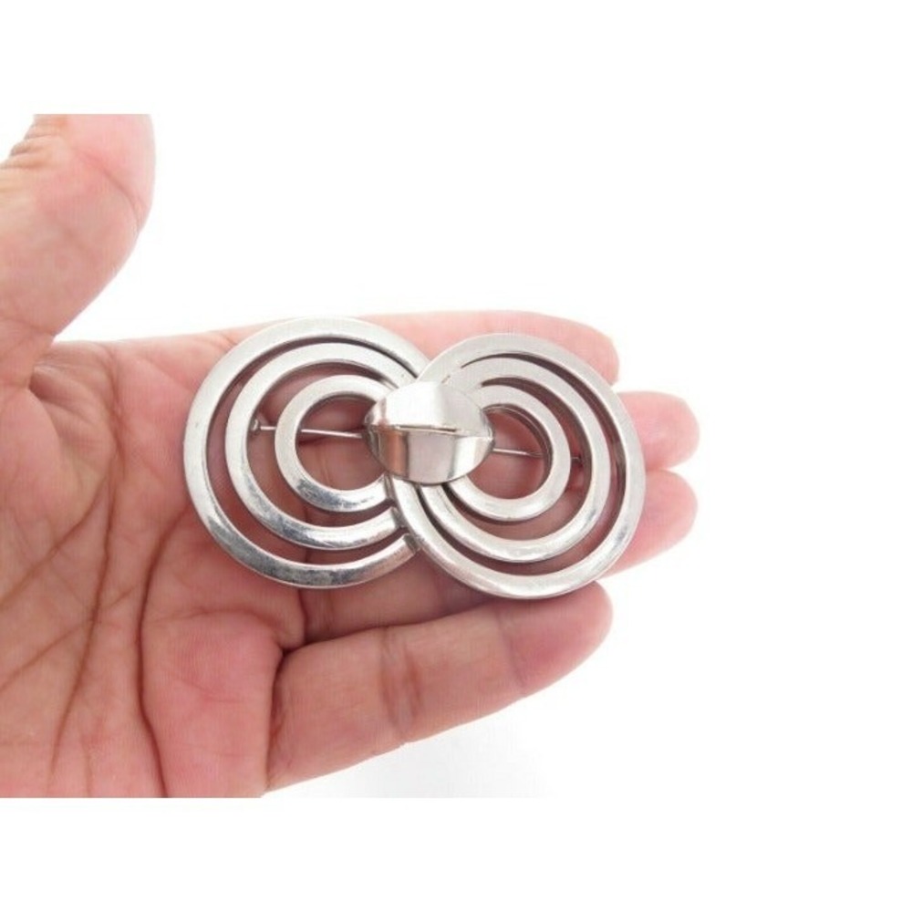 HUGE VINTAGE SILVER TONED DOUBLE CIRCLE MID CENTURY BROOCH PIN